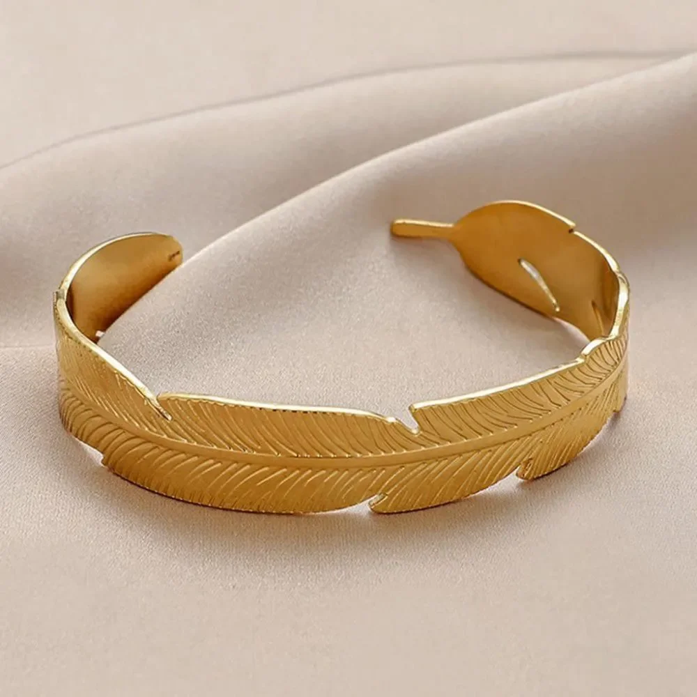 Feather Cuff Bangle Bracelet in Gold